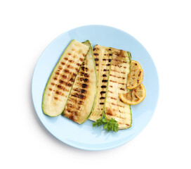 Delicious grilled courgette slices with parsley and lemon isolated on white, top view