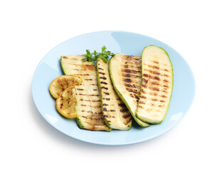 Delicious grilled courgette slices with parsley and lemon isolated on white