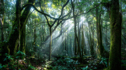 Obraz premium Sunlight streams through the dense trees in a lush green forest, illuminating the vibrant foliage and moss-covered trunks, creating a serene and enchanting atmosphere.