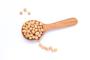 Soybean in spoon on white background, soy beans on white 