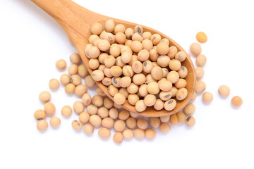 Soybean in spoon on white background, soy beans on white 