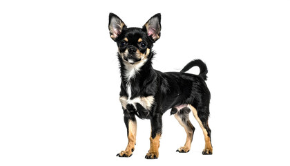 Alert chihuahua standing attentively with black and tan fur on a white background