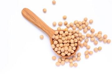 Soybean in spoon on white background, soy beans on white 