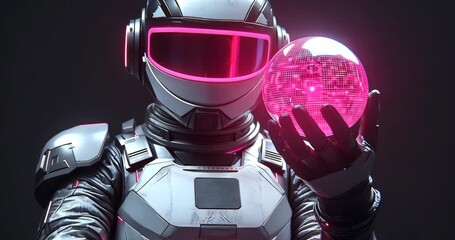 A futuristic robot or astronaut holds a glowing pink globe in its hand.
