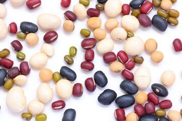 mixeda beans, beans, separated beans on white background, red beans, white beans and white beans on white