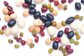mixeda beans, beans, separated beans on white background, red beans, white beans and white beans on white