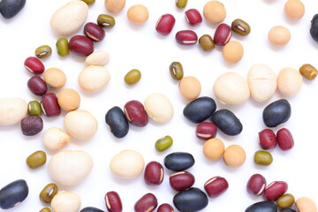 mixeda beans, beans, separated beans on white background, red beans, white beans and white beans on white