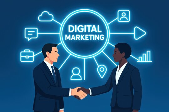 Two business professionals, in a professional handshake, centered around a glowing digital marketing concept.