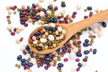 mixeda beans, beans, separated beans on white background, red beans, white beans and white beans on white