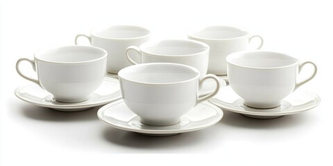 Fototapeta premium A set of six white porcelain teacups and saucers are arranged on a white surface. Each cup has a delicate gold handle and sits on a matching white saucer. 