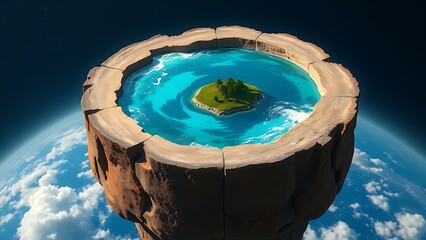 A cutaway Earth core reveals an azure ocean with floating islands, defying natural laws.