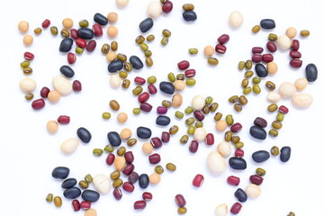 mixeda beans, beans, separated beans on white background, red beans, white beans and white beans on white