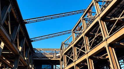 Industrial steel structure with geometric patterns, highlighting construction progress under clear skies.