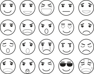 Cartoon face with facial expressions, cute emoji faces, comic character reaction, emotions icons, funny eyes and mouth elements for animation, stickers. Vector vintage mascot isolated set