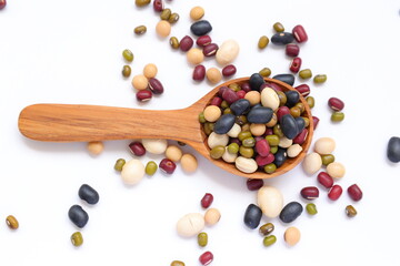 mixeda beans, beans, separated beans on white background, red beans, white beans and white beans on white