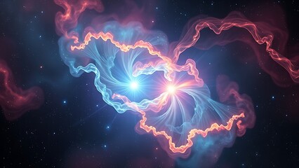 Two star cores weave jewel-toned gas ribbons in an ultra-detailed cosmic nebula close-up.