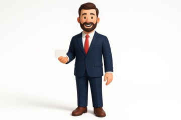 A cartoon businessman in a navy blue suit displays a blank business card, against a plain white background.