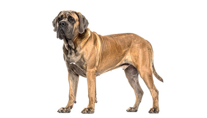 Obraz premium Majestic mastiff standing attentively with fawn coat in studio setting