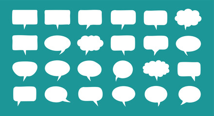 Collection of various white speech bubbles on a teal background, representing communication and dialogue.