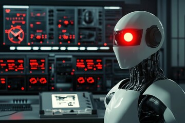 Advanced humanoid robot with glowing eyes in a high-tech control room setting