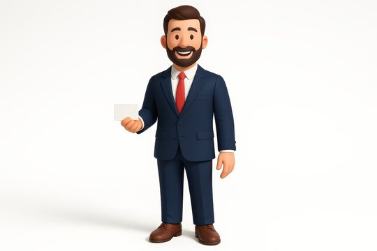A cartoon businessman in a navy blue suit displays a blank business card, against a plain white background.