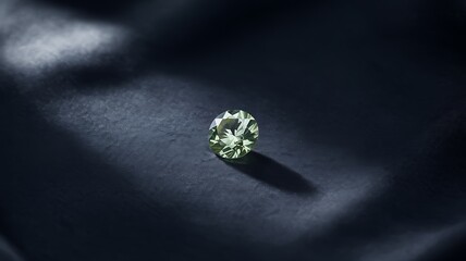 A single sparkling green gemstone with facets casting a shadow on a dark textured surface with dramatic lighting