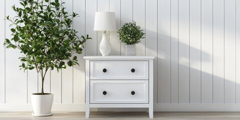 A white dresser sits on a light wooden floor, positioned against a wall of white vertical planks. A small potted plant with green leaves is placed on the dresser.