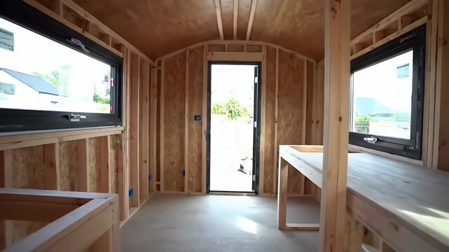 Low Angle Interior View of Light Wood Framing and Black Framed Windows in a Bright Micro Home Featuring Modular Construction During Daytime Showcasing Home Design and the Construction Process