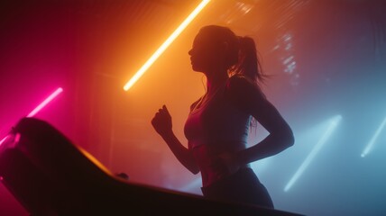 Fitness enthusiast engages in treadmill workout under colorful neon lights in a vibrant gym setting