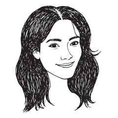 Beautiful Woman Doodle Black and White Illustration Fashion Girl Portrait Line Art Sketch Vector