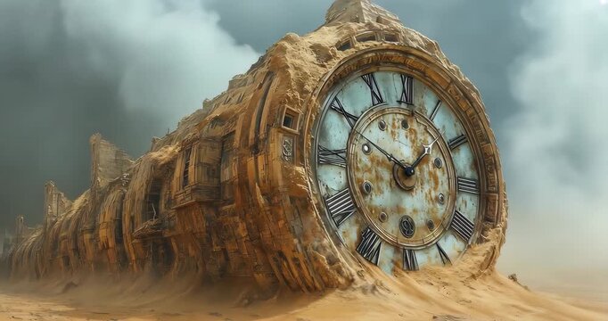 A giant clock lies half-buried in a sandy desert, time stands still in this surreal landscape.