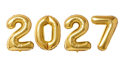 Shiny gold foil balloons spelling out the numbers 2027 against a black isolated on white transparent background png jpg business people clipping path cutout 4k full hd poster banner label download