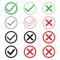 Collection of check marks and crosses in green, red and black isolated on white background