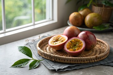 Fresh passion fruits sliced open on a woven tray, with whole fruits and greenery in a bright kitchen
