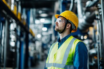Engineer wearing safety helmet and reflective vest inspecting industrial factory environment representing construction safety engineering and manufacturing concepts