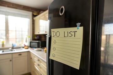 A kitchen scene featuring a black refrigerator with a handwritten 'DO LIST' on a sticky note