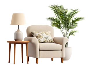 Living room furniture set with armchair, floor lamp, and side table with potted plants, isolated on a transparent background, PNG