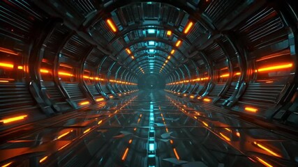 Futuristic reactor core tunnel, glowing plasma veins ribbed metal walls, vibrant energy waves forward, sci-fi spaceship interior neon orange teal glow, seamless VJ loop animation reflections, 4K - Powered by Adobe
