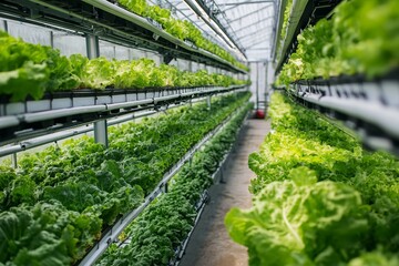 Greenhouse interior with rows of lush green lettuce growing in controlled environment agriculture farm showcasing sustainable food production