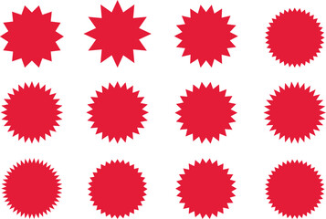 Red Starburst icon set.Vector Stock Illustration. Different forms of stars, constellations.Circle starburst label shape for promo, sale, price offer badge sticker.Sale, promo label color design.