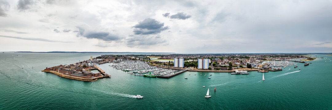 Panorama of Marina in Gosport from a drone, Portsmouth, Gosport, England