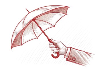 Hand holding an open red sketch umbrella with a white background and red outline Keywords: umbrella, hand, holding, open, red, sketch, drawing, protection, rain, weather, accessory, object, white