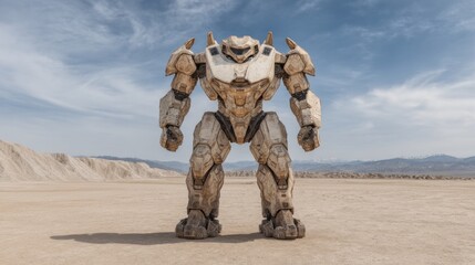 Powerful Giant Robot Standing in a Desert, Futuristic Concept Design and Art