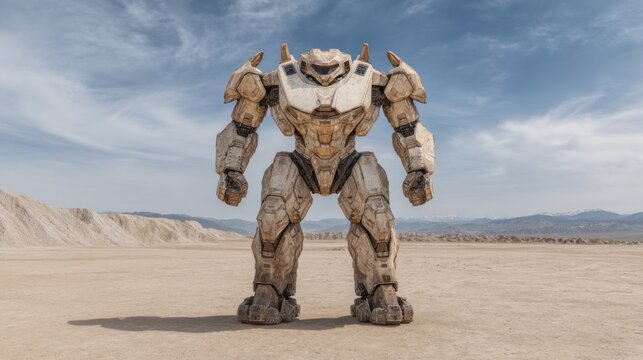Powerful Giant Robot Standing in a Desert, Futuristic Concept Design and Art