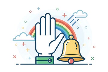 Flat design illustration of a hand, rainbow, clouds, rain, and a bell Keywords: hand, palm, open, rainbow, clouds, rain, bell, ringing, notification, alert, sound, music, weather, sky, nature