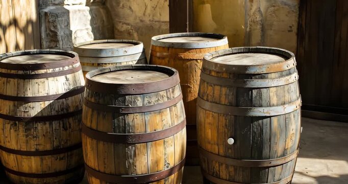 Five old wooden barrels standing in a row, possibly in a winery or distillery.