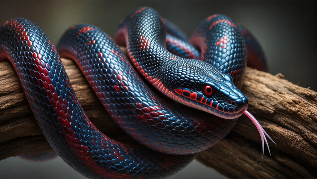 Ultra-detailed close-up portrait of a radiant pink viper snake elegantly poised on a textured wooden branch.