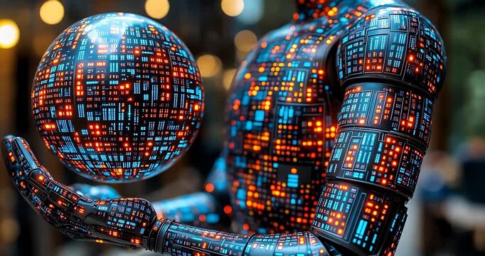A futuristic robot holds a glowing digital sphere, showcasing advanced technology and artificial intelligence. - Powered by Adobe