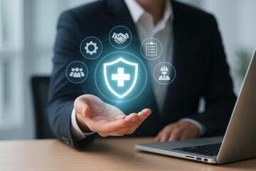 A person's open hand hovers over a glowing, digital shield graphic, surrounded by other small, digital icons, representing security and digital protection in a modern office setting.