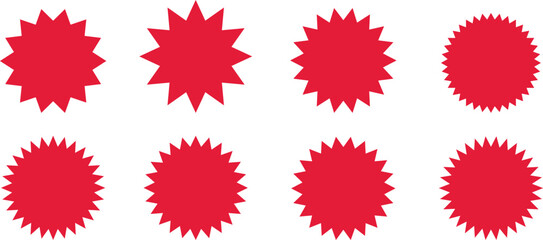 Red Starburst icon set.Vector Stock Illustration. Different forms of stars, constellations.Circle starburst label shape for promo, sale, price offer badge sticker.Sale, promo label color design.